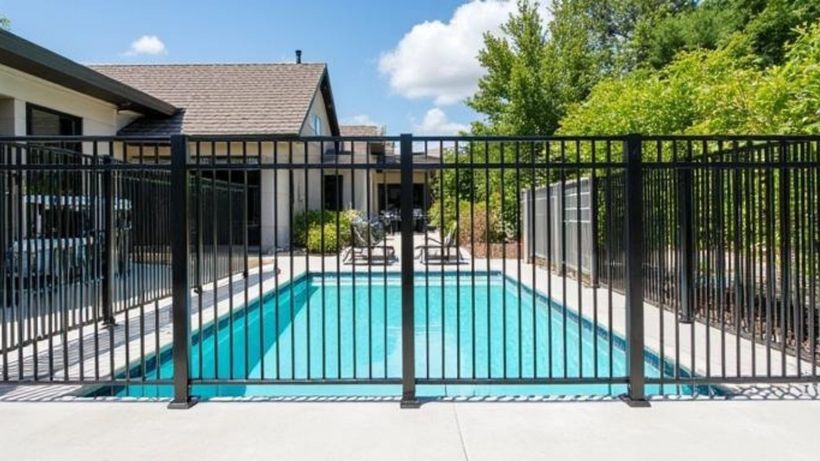 Black aluminum pool fence around an in-ground swimming pool