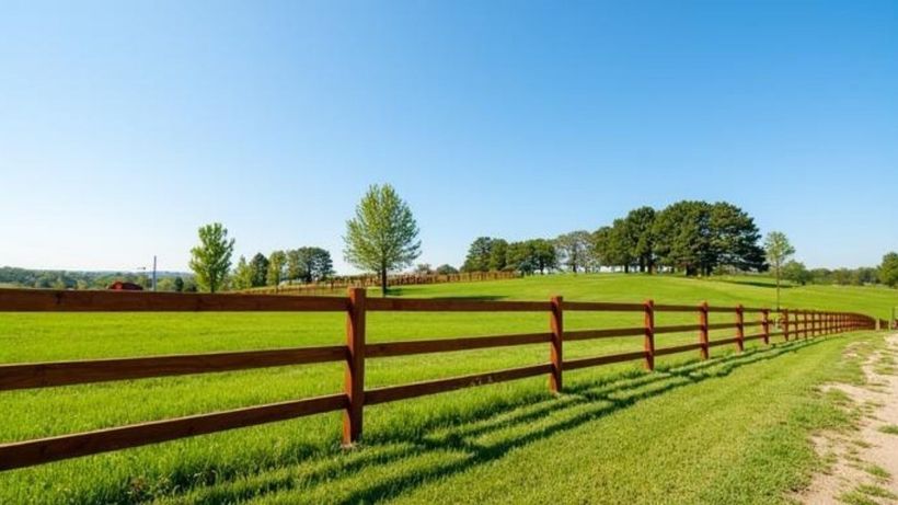 Three-rail wooden board fence along a rolling pasture under a clear sky