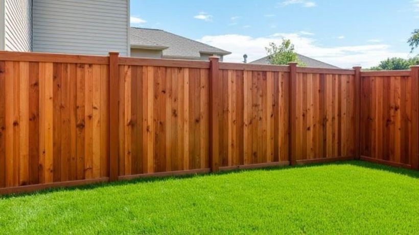 Freshly stained wood privacy fence with vertical boards along a green backyard
