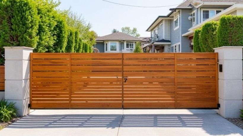 Wooden driveway gate with horizontal slats set between stone pillars