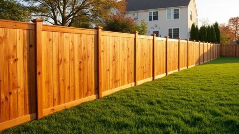 Cedar privacy fence in warm evening light beside a mowed lawn